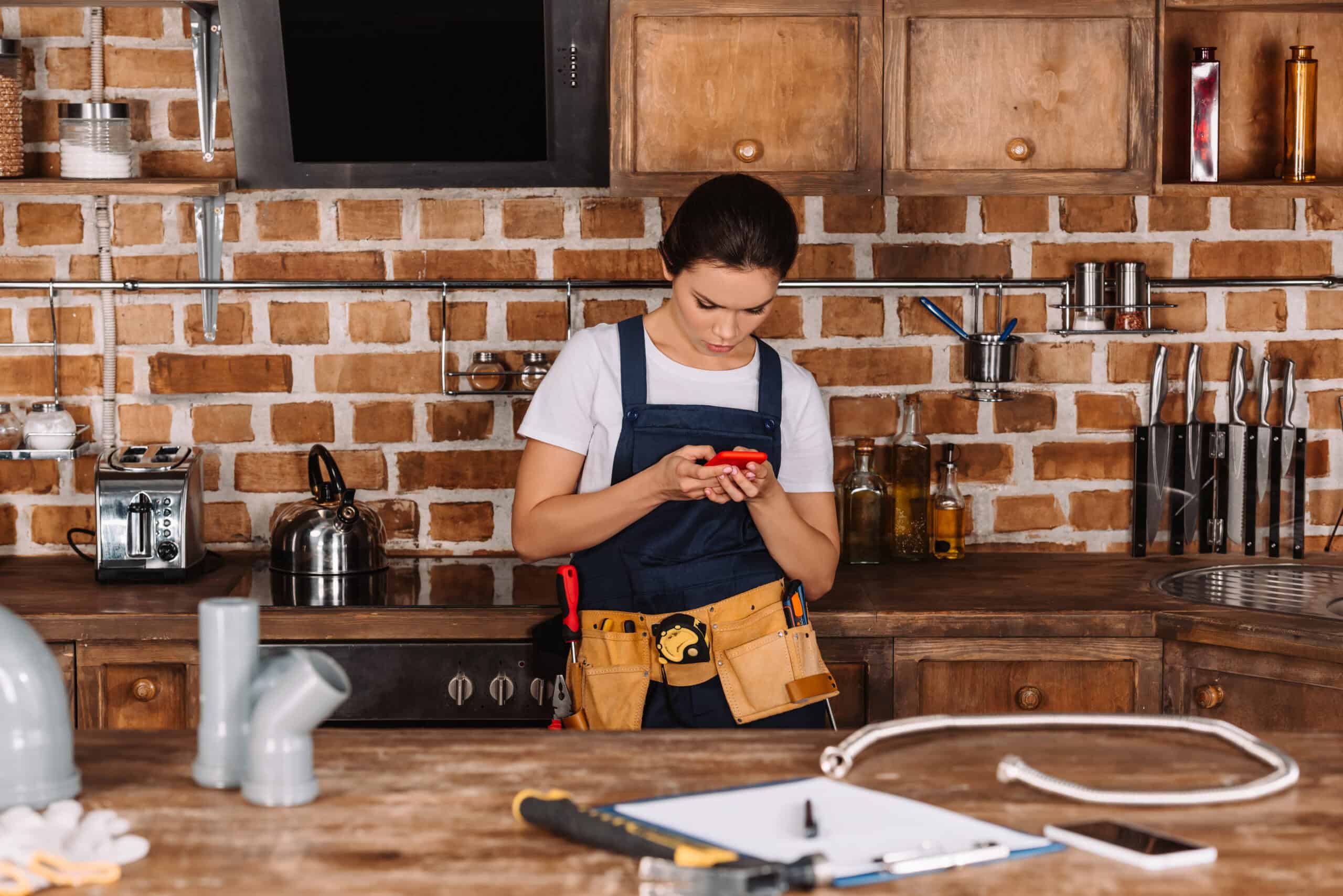 Young female plumber using smartphone at kitchen