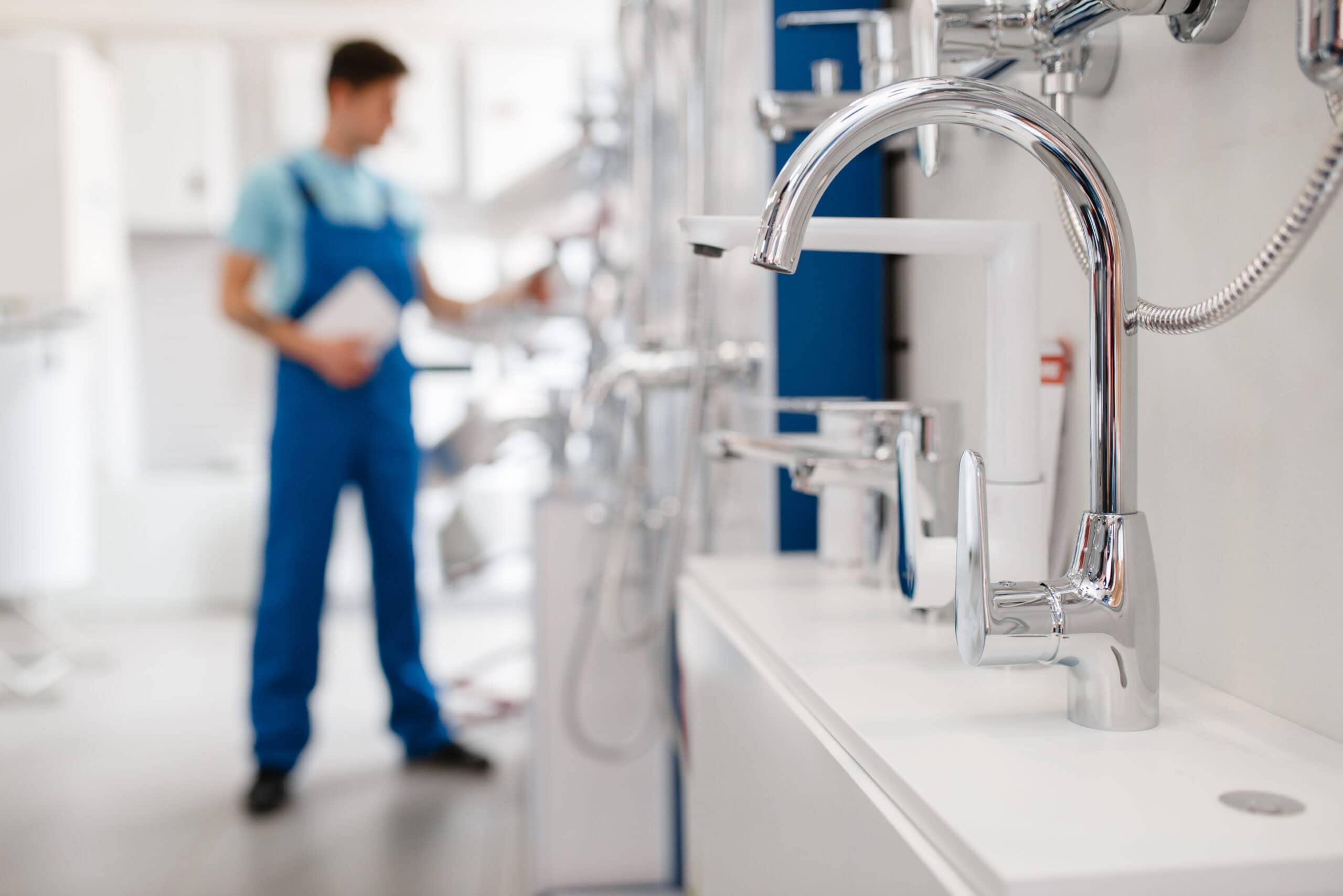Plumber in uniform choosing faucet at showcase in hardware store