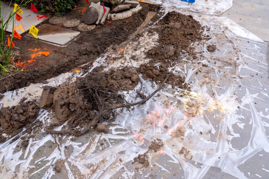 Dirt and roots removed from the ground during a sewer repair job Pipe It Right