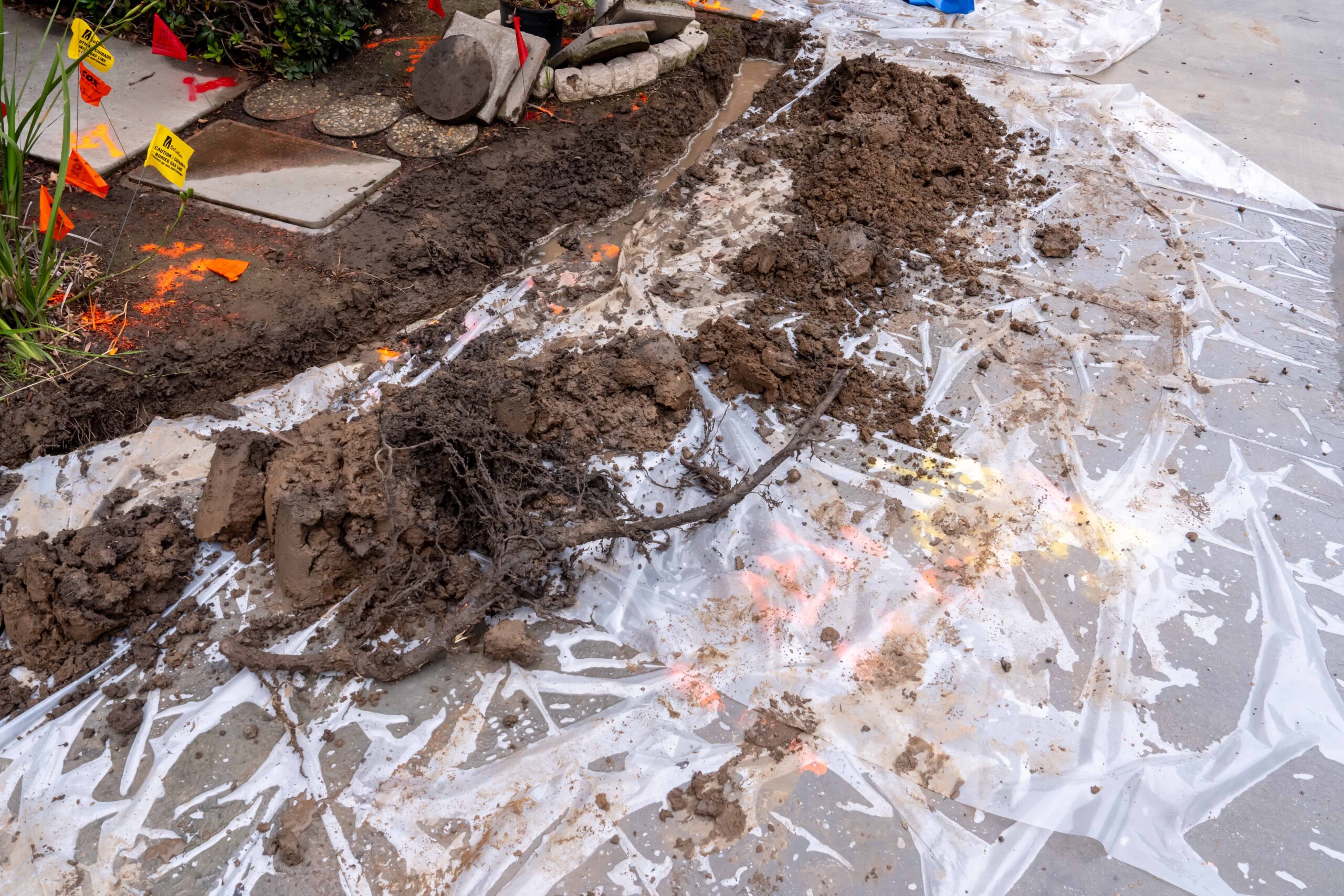 Dirt and roots removed from the ground during a sewer repair job Pipe It Right