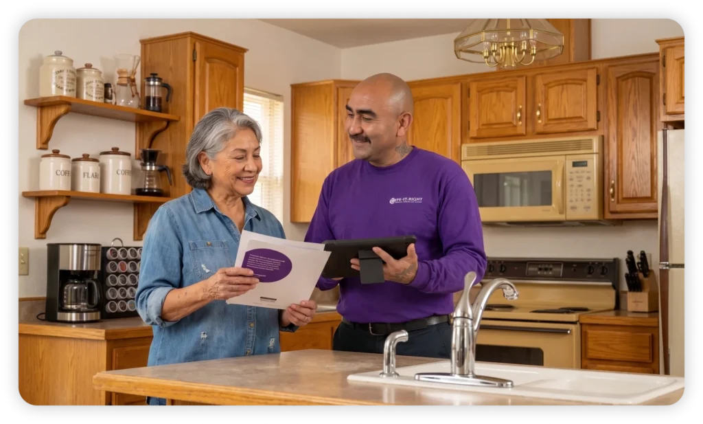 Pipe It Right technician discussing a plumbing project with a homeowner in a kitchen
