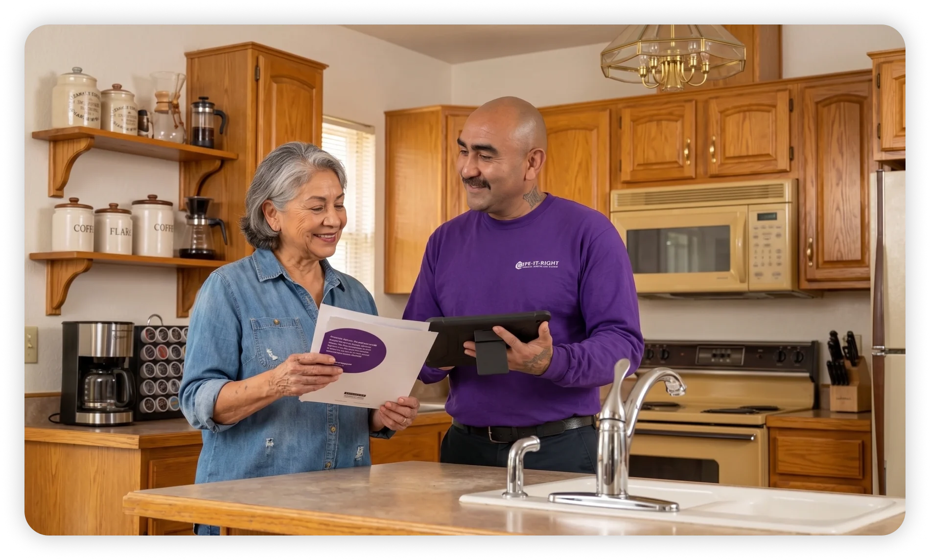 Pipe It Right technician discussing a plumbing project with a homeowner in a kitchen