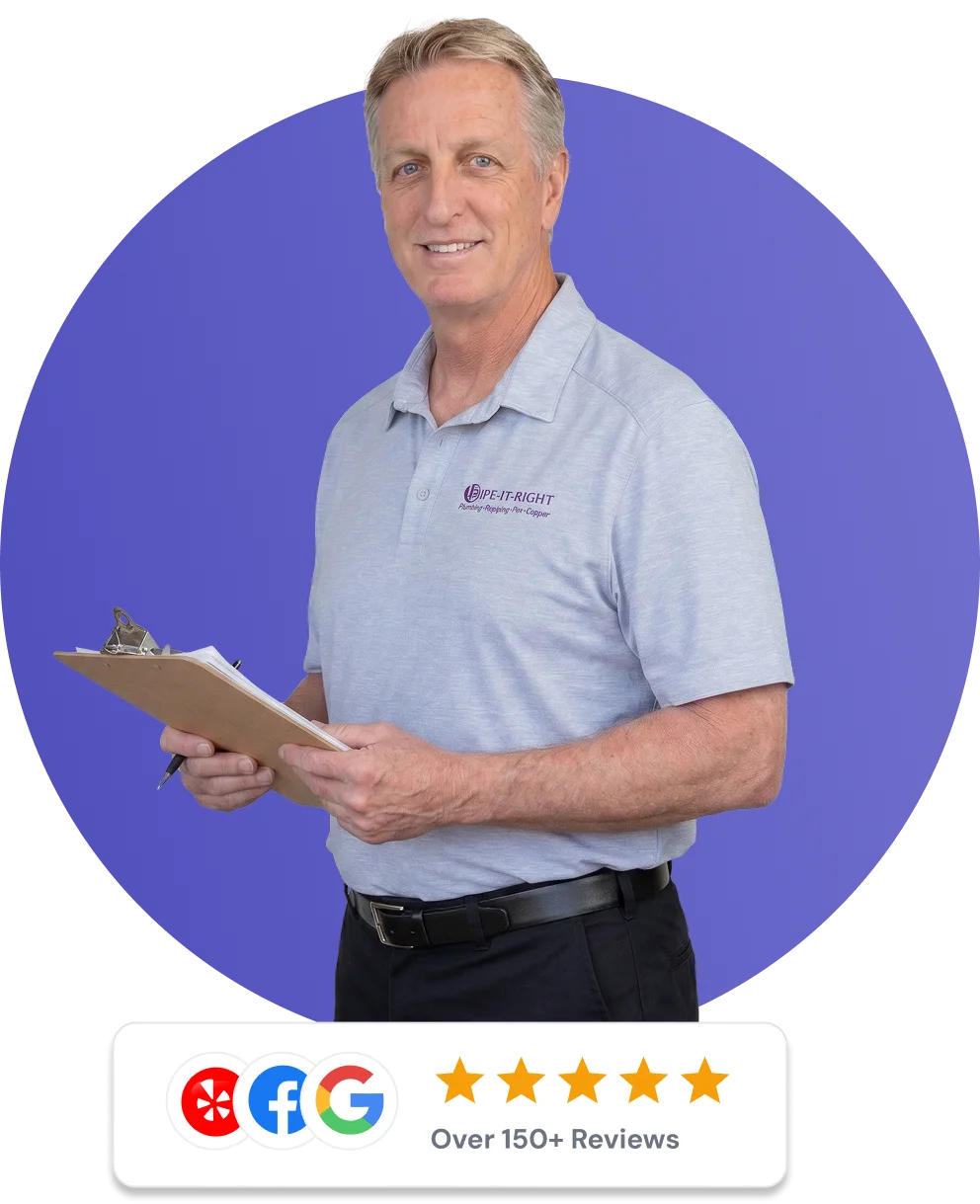 Pipe It Right team member holding a clipboard with over 150 customer reviews