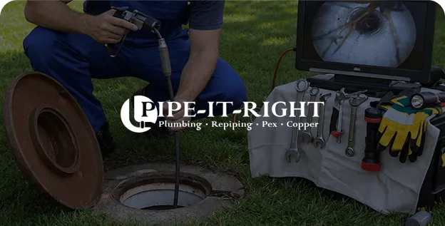 Plumber performing a sewer camera inspection with professional equipment, showing a live pipe view on a monitor and Pipe-It-Right branding highlighting plumbing, repiping, PEX, and copper services